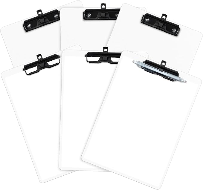 White Clipboard with Pen Holder, Set of 6 Plastic Clipboard with Low Profile Metal Clip, Hanging Clipboards Holds 8.5x11 Inch Papers, Standard A4 Letter Size Clip Boards for Office & School