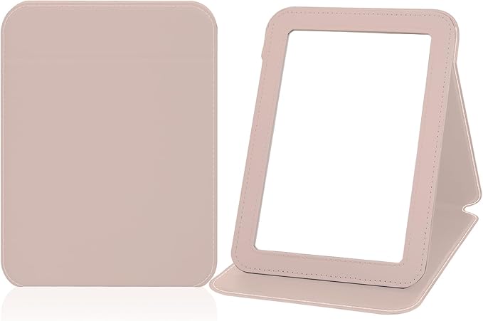 Desk Folding Mirror Portable, Travel Makeup Mirror PU Portable Adjustable Rectangular Ultrathin Vanity Mirror with Stand, for Travel, Camping, Home, Gifts for Women (Rose Gold)