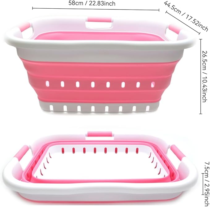 SAMMART 41L (10.8 gallon) Set of 2 Collapsible 3 Handled Plastic Laundry Basket -Foldable Pop Up Storage Container/Organizer-Space Saving Hamper/Basket (2, White/Pink)