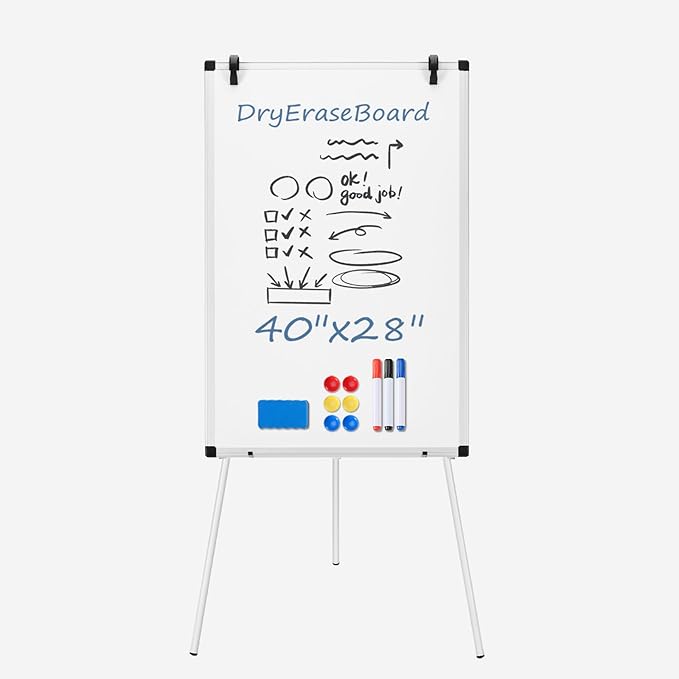 DUMOS Whiteboard Easel 40 x 28 Inches, Magnetic White Board Dry Erase, Porbable Boards Height Adjustable, Dry Erase Board with Stand for School, Office and Home, Silver Aluminium Frame, White
