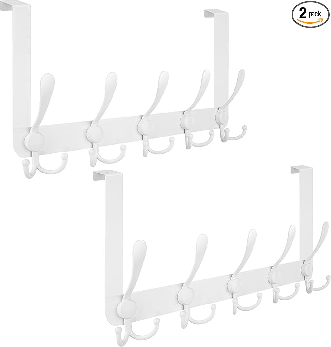 TICONN Over The Door Hooks, 5 Heavy Duty Tri Coat Rack All Metal Coat Hanger for Bathroom Bedroom Dorm (White, 2PK, Fit 1-3/4" Doors)