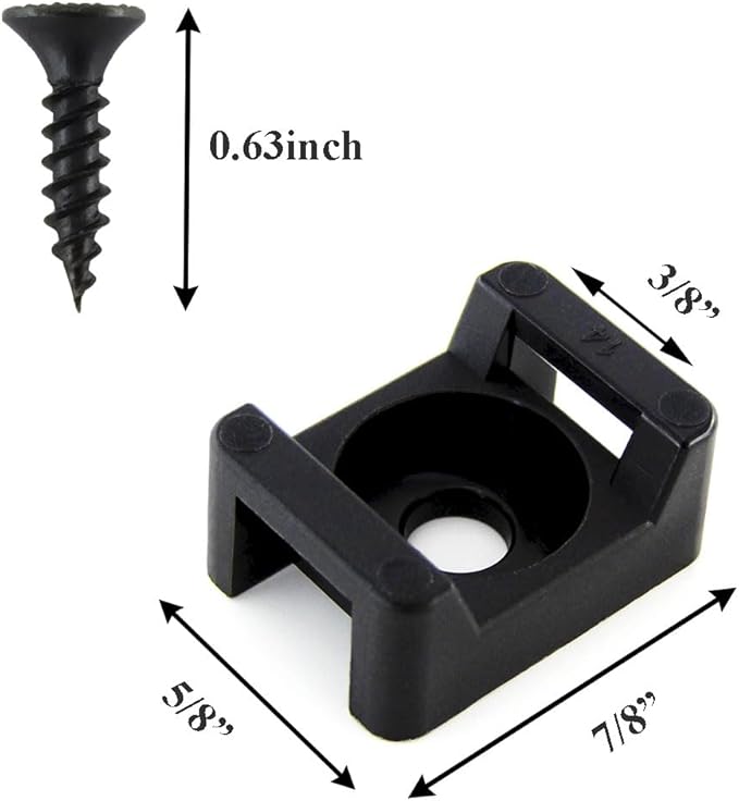 HS Saddle Type Cable Zip Tie Mounts Base Kit with Screw Hole,Set Strong 6 Inch Nylon Cable Ties and Screws Each 100 PCS,Wire Clips Anchor Management Fastener for Baseborad,Wall or Desk,Black