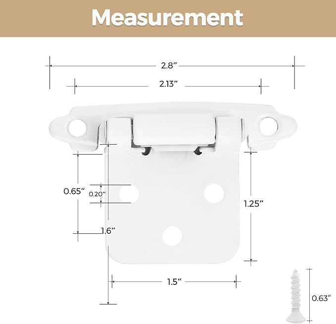 20 Pack 10 Pair White Cabinet Hinges - 1/2 inch Overlay Kitchen Cabinet Hinges, Semi-Concealed Self Closing Hardware with Door Bumper, White Face Mount Hardware