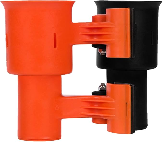 ROBOCUP, (Orange & Black), Patented Clamp On Boat Cup Holder |Multifunction Dual Drink Caddy for Fishing Poles, Tools, Net, Gaff |Portable Storage for Boating, Beach, Umbrellas, Golf Carts, Strollers