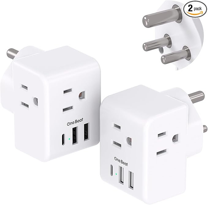 2 Pack India Power Adapter, One Beat Type D Plug Adapter with 3 American Outlets 3 USB Ports(1USB C), 6 in 1 India Travel Plug Adapter for US to India, Bangladesh, Kuwait, Maldives