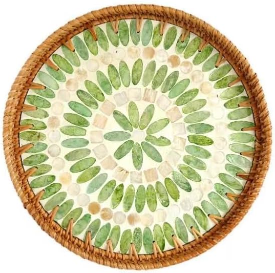 Handmade Round Rattan Tray with Mother of Pearl Inlay, Rattan Service Tray with Wooden Base, Table Decoration with Wicker Baskets, Storage and Display of Bread,Fruit,Desserts (Green Grape)