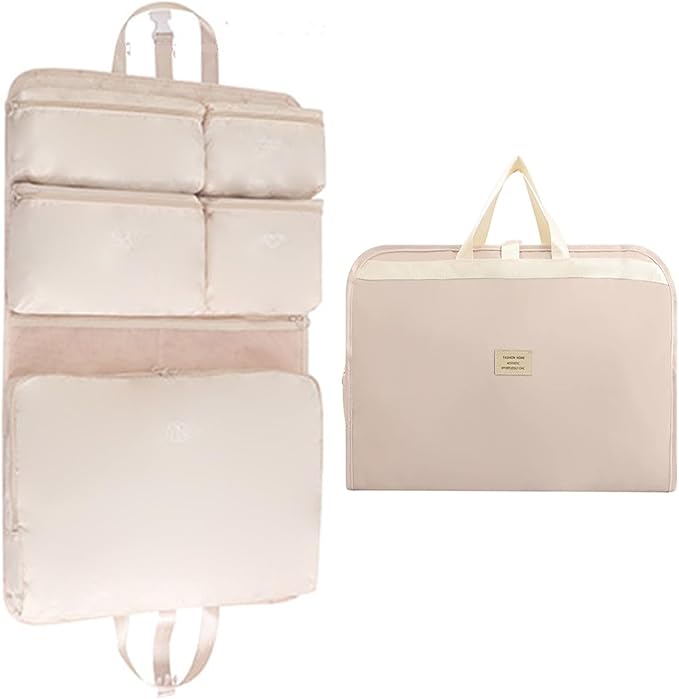 7-in-1 Travel Storage Bag, Foldable Hanging Packing Cube with Compartments for Clothes, Beige