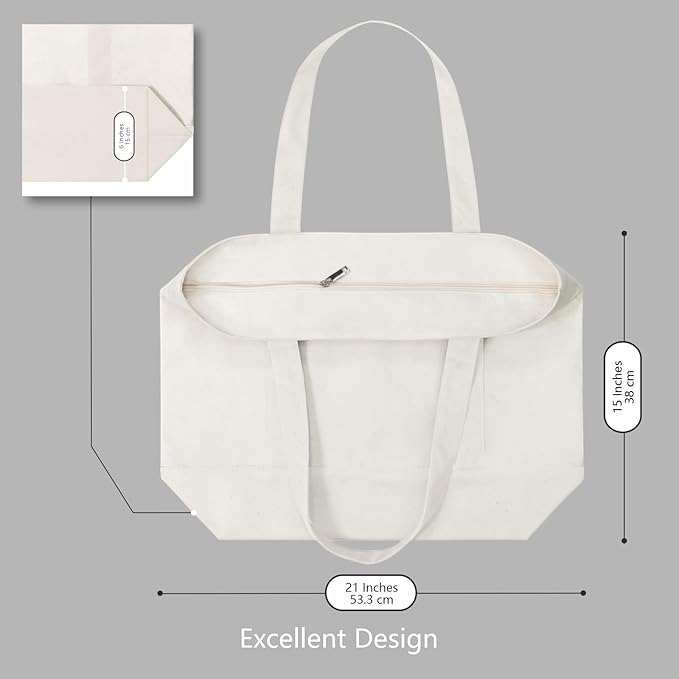 TOPDesign 3-Pack Canvas Tote Bags with an External Pocket, Reusable Grocery Shopping Bags, Top Zipper Closure, Daily Essentials (Natural)