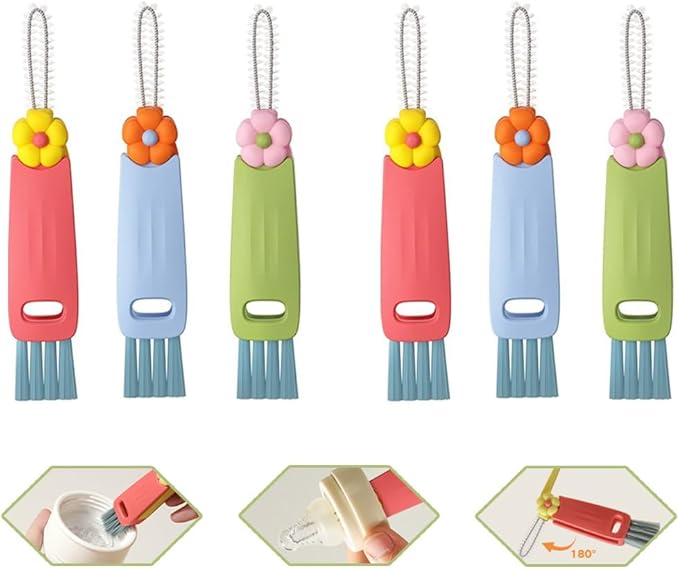 3 in 1 Cup Lid Cleaning Brush, 6PCS Multifunctional Cup Lid Cleaning Brushes with Scraper, Crevice, Angled Brush, for Coffee Mugs, Water Bottles, Tumblers (6)