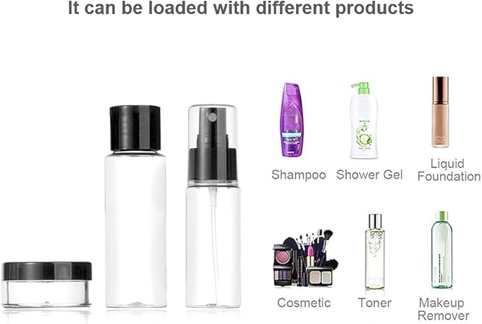 Vitog Travel Bottles Kit, TSA Approved Leak Proof Portable Toiletry Containers Set, Clear flight size PET Cosmetic Containers for Lotion, Shampoo, Cream, Soap, Set of 11 (Black+Plastic)