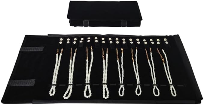 Velet Travel Jewelry Case Roll Bag Organizer for Necklace Bracelet Black Gray Velvet (Black with elastic)