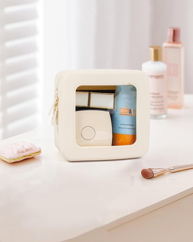 Small Clear Makeup Bag for Women, Mini Silicone Pouch Travel Cosmetic Case Waterproof Clear Make Up Pouch with Zipper Cute Toiletry Bags for Traveling Car Organizer Mini Travel Essentials (Beige)