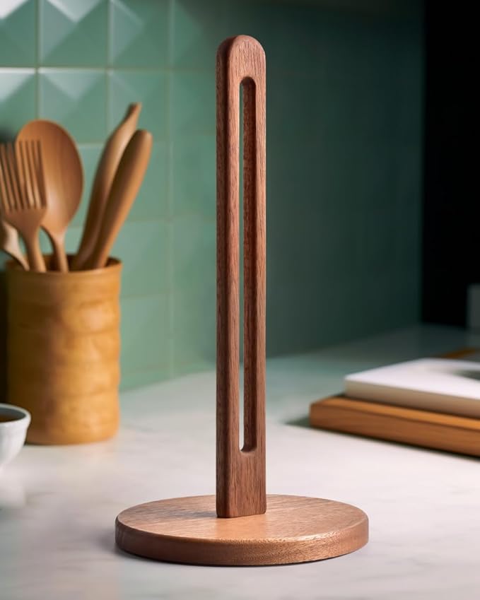 KitchLife Acacia Wooden Paper Towel Holder Countertop, 6.5" Wide Base (Large Size) with Non-Slip Pads, Fits Jumbo Rolls, Freestanding Paper Towel Stand Upgraded Dispenser Organizer