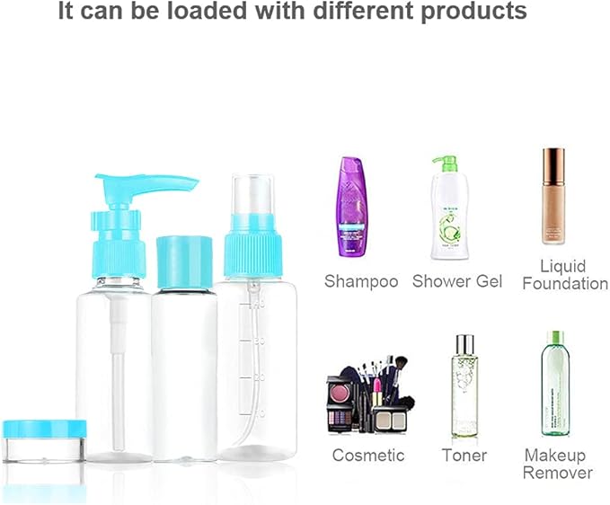 Vitog Travel Bottles Kit, TSA Approved Leak Proof Portable Toiletry Containers Set, Clear flight size PET Cosmetic Containers for Lotion, Shampoo, Cream, Soap, Set of 11 (Blue+Plastic)