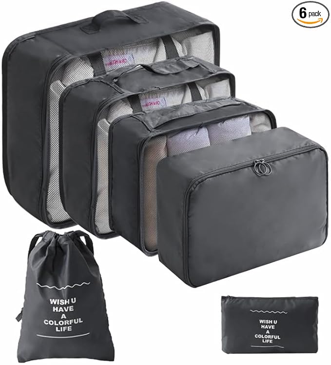 6 Set Packing Cubes for Travel, Luggage Organizers with Shoe & Toiletry Bags, Lightweight Suitcase Organizer for Carry-On, Washable Laundry Bags(Black)