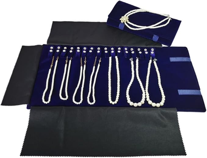 Velet Travel Jewelry Case Roll Bag Organizer for Necklace Bracelet Black Gray Velvet (Blue)