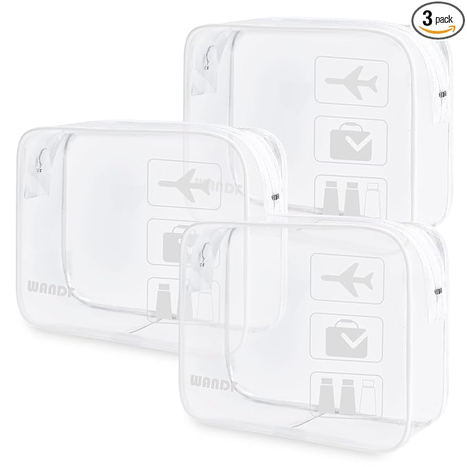 WANDF TSA Approved Toiletry Bag, 2 Packs Travel Clear Toiletry Bag, Quart Size Makeup Cosmetic Pouch with Zipper, Carry-On Airport Compliant Bag for Women and Men (3pcs White)