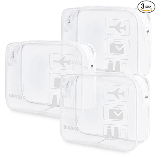 WANDF TSA Approved Toiletry Bag, 2 Packs Travel Clear Toiletry Bag, Quart Size Makeup Cosmetic Pouch with Zipper, Carry-On Airport Compliant Bag for Women and Men (3pcs White)