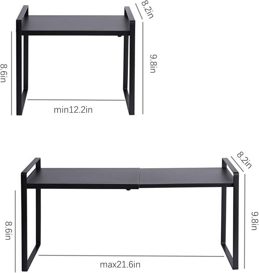 LJHFUQHUHU 2 Pack Expandable Cabinet Shelf Organizer Riser for Kitchen Pantry Cupboard Under Sink Countertop (2 Pack 8.2’’D * 12.2-21.6’’W * 10.4’’H) (Black)