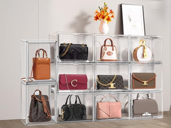 4 Pack Clear Shoe Box Organizer,Size 14 Acrylic Display Cases for Book Cosmetic Figures Collectibles Showcase,X-Large Bag Stackable Plastic Storage Bins with Magnetic Lid