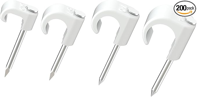 White Cable Clips Pack of 200, Heavy-Duty Nail in Wire Clips, 304 Stainless Steel, UV and Weather Resistant, Cable Wire Management for Phone and Ethernet Wire, Power Cords, Tube