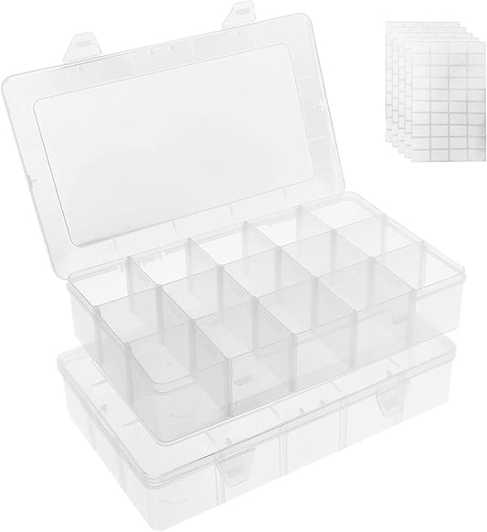 2 Pack 15 Grids Clear Plastic Organizer Box with Adjustable Dividers, Craft Storage Containers for Jewelry, Beads, Screws, Tackle Box, Washi Tapes, Small Parts Organizer for Arts and Crafts