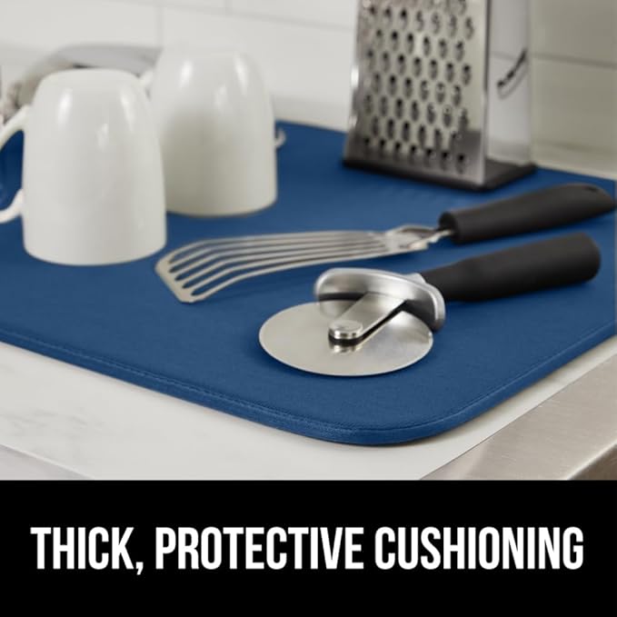 GORILLA GRIP Ultra Water Absorbent Microfiber Dish Drying Mat, 18x24, Quick Dry Thick Mesh, Slip Resistant Pad for Sink Dishes or Under Rack, Kitchen Counter Accessories, Machine Wash, Blue
