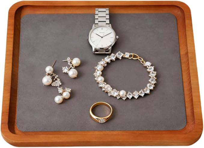 Wooden Jewelry Display Tray Rounded Rectangle Ring Showcase Stackable Elegant Bracelet Watch Jewelry Organizer for Personal Use and Commerce (Gray, Large-W 7'' x H 0.6'' x L 7.9'')