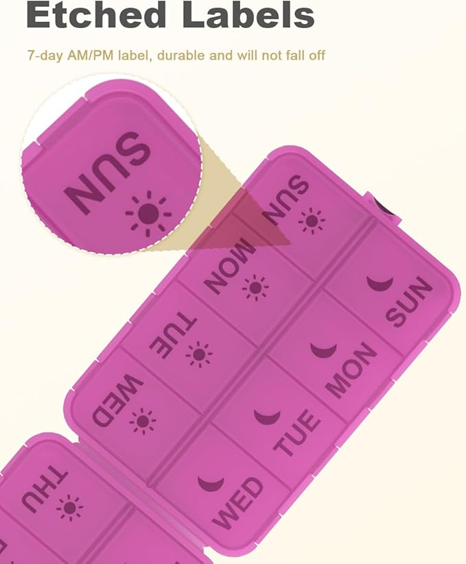Pill Organizer Medicine Organizer Travel Essentials - Weekly Medicine Dispenser with Etched Labels, 7 Day AM PM Dispenser, Travel Pill Box, Foldable Medicine Case
