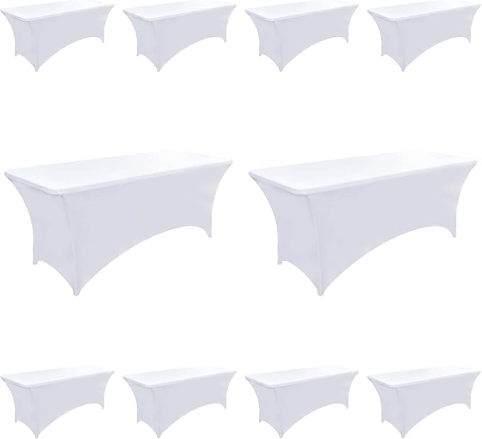 ZarzaaSik 10-Pack 8ft White Spandex Table Covers for Rectangle Folding Tables - Washable Elastic Tablecloth - Ultimate Fitted Table Protector for Parties, Trade Shows, Banquet, and Wedding