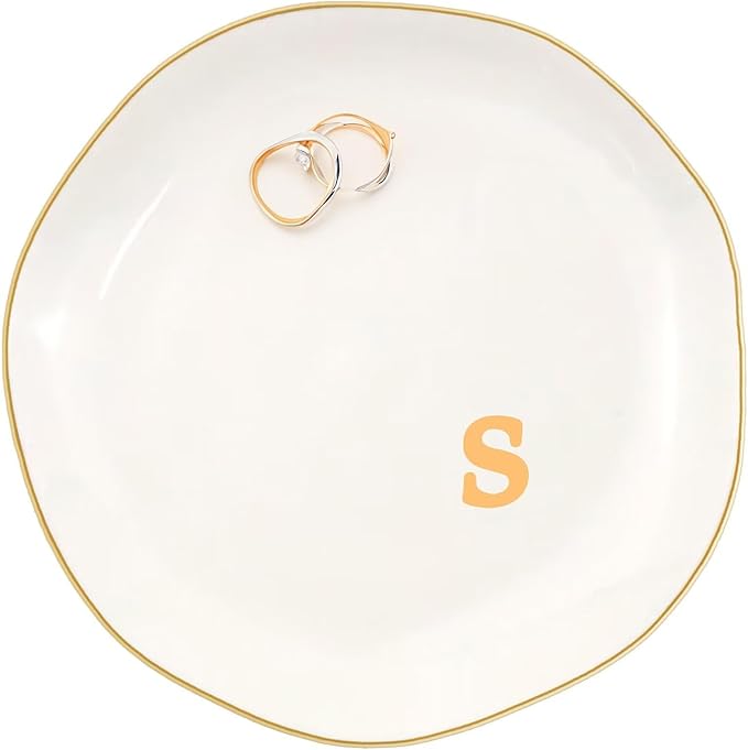 Ceramic Jewelry Dish with Personalized Monogram, White Decorative Ring Trinket Tray, Engagement Wedding Gift for Women Mom Friend, Letter s