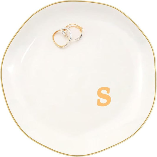 Ceramic Jewelry Dish with Personalized Monogram, White Decorative Ring Trinket Tray, Engagement Wedding Gift for Women Mom Friend, Letter s