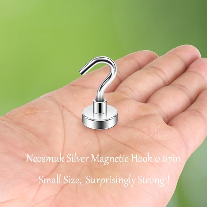 Neosmuk Magnetic Hooks, Cruise Ship Essentials, 32lb+ Heavy Duty Magnetic Hooks for Cruise Cabins, Refrigerator, Grill, Hanging, and Travel | Extra Strong Must-Have Magnet Hook, Silver Pack of 20