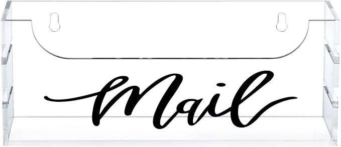 MyGift Premium Clear Acrylic Mail Holder with Decorative Black Cursive Mail Label, Modern Wall Mounted or Tabletop Mailbox, Letter Storage Organizer Box
