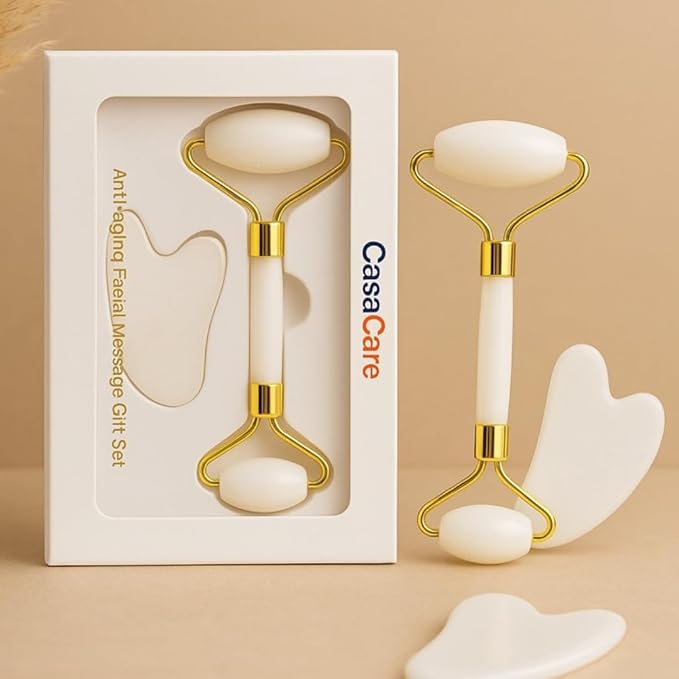 Gua Sha Facial Tool and Jade Roller Set –Anti-Aging Tools for Lymphatic Drainage, Puffiness, Wrinkles, and Relaxation – Skincare Tool for Face and Neck (White)