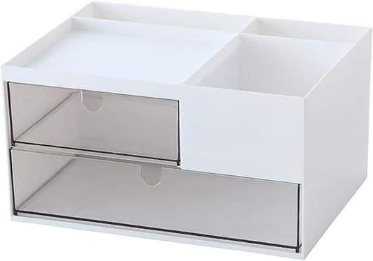 Desk Drawer Organizer, Desk Storage Box with 2 Drawers and 4 Compartments, Multifunctional Desk Accessories & Countertop Organizers for Office School Home (White）