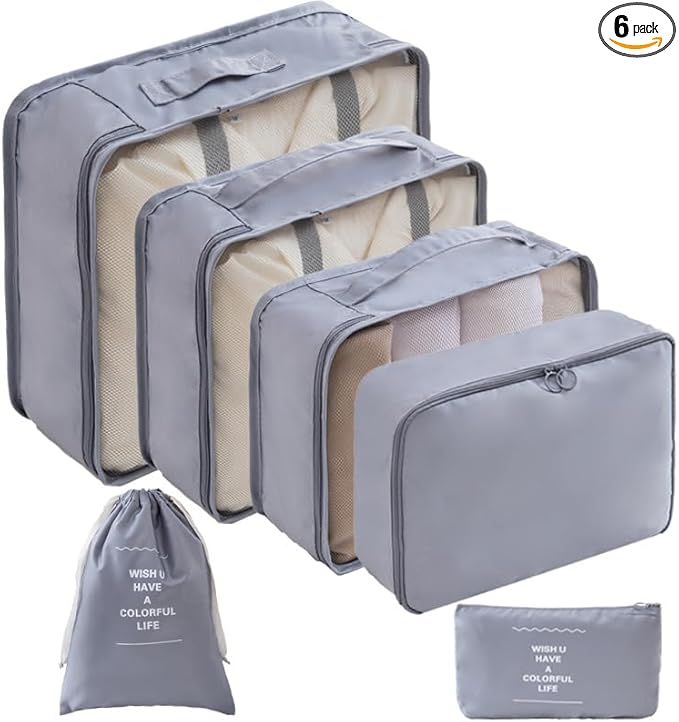 6 Set Packing Cubes for Travel, Luggage Organizers with Shoe & Toiletry Bags, Lightweight Suitcase Organizer for Carry-On, Washable Laundry Bags(Grey)