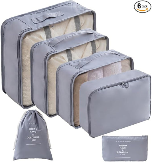 6 Set Packing Cubes for Travel, Luggage Organizers with Shoe & Toiletry Bags, Lightweight Suitcase Organizer for Carry-On, Washable Laundry Bags(Grey)