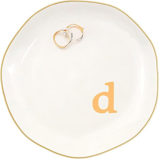 Ceramic Jewelry Dish with Personalized Monogram, White Decorative Ring Trinket Tray, Engagement Wedding Gift for Women Mom Friend, Letter d