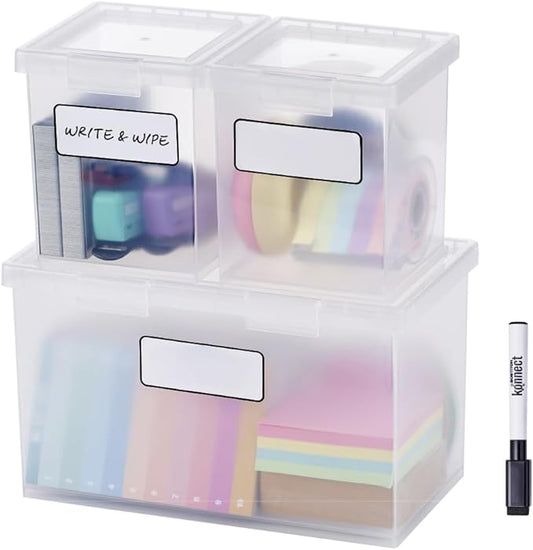 Bostitch Konnect Storage Containers with Lids, Organizer, Clear Plastic Box, Stackable Nesting Bins, 3-Piece Bundle, 1 Large, 2 Medium