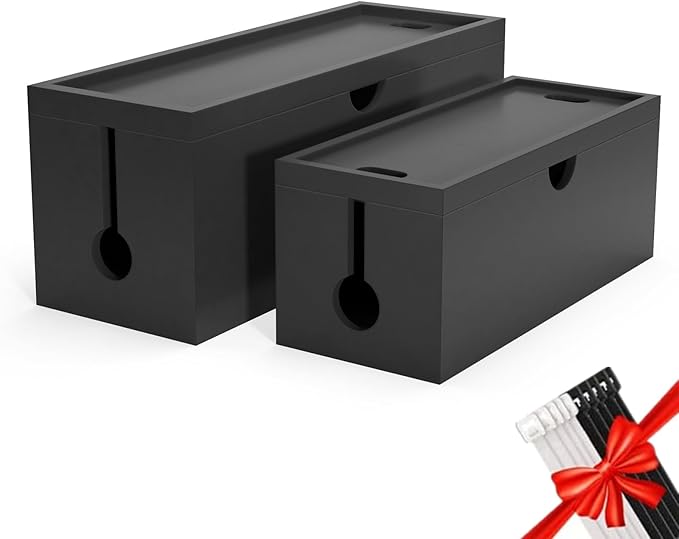 Bamboo Cable Management Box, Large Cord Organizer Box Cable Box to Hide Wires & Power Strips for Desktop Storage Cord Holder for Office Home, No Assembly Required (All Black, 2 Packs(M+L))
