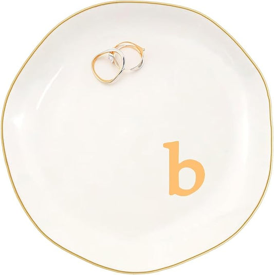 Ceramic Jewelry Dish with Personalized Monogram, White Decorative Ring Trinket Tray, Engagement Wedding Gift for Women Mom Friend, Letter b
