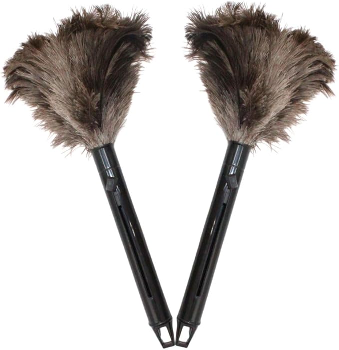Retractable Feather Duster 8-14 in Adjustable - Natural Ostrich Feather Duster for Cleaning Ceiling Fans, Blinds, Plantation Shutters, Walls & Furniture - Quality Checked in USA - 2 Pack