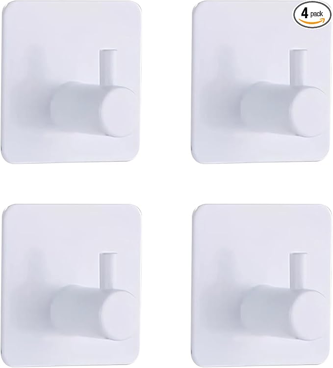 White Adhesive Towel Hooks Heavy Duty Stick on Wall Hooks Shower Hooks for Bathroom Kitchen Door-4 Packs