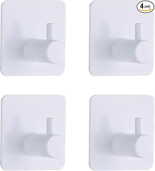 White Adhesive Towel Hooks Heavy Duty Stick on Wall Hooks Shower Hooks for Bathroom Kitchen Door-4 Packs