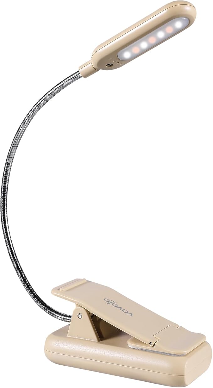 VAVOFO Rechargeable Book Light for Reading in Bed Kids, 7 LED Reading Light with 9-Level Warm Cool White Daylight, Eye Care Lamp with Power Indicator for Bookworms (Khaki)