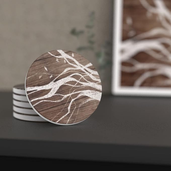 UMIRRO Ceramic Coasters for Wooden Table, Absorbent Drink Coasters with Holder for Tabletop Protection, Rustic Country Farmhouse Coasters w/Brown Wood Texture for Cups & Glasses, Coffee Bar Accessory