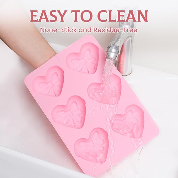 SJ Heart&Bow Shaped Silicone Mold 2 Packs, Soap Molds for Soap Making, 6 Cavities Heart Silicone Mold for Chocolate Cake Jelly Pudding Handmade Soap Mould Candy Making Ice Cube Trays Set of 2 -Pink