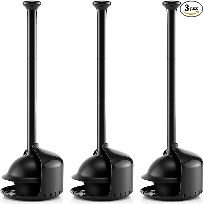 FORASTO 3Pack Toilet Plunger with Holder,Plungers for Bathroom with Holder,Heavy Duty Plunger with Cover,Bathroom Decor，Bathroom Accessories，Toilet Bowl Cleaners,Charcoal Black