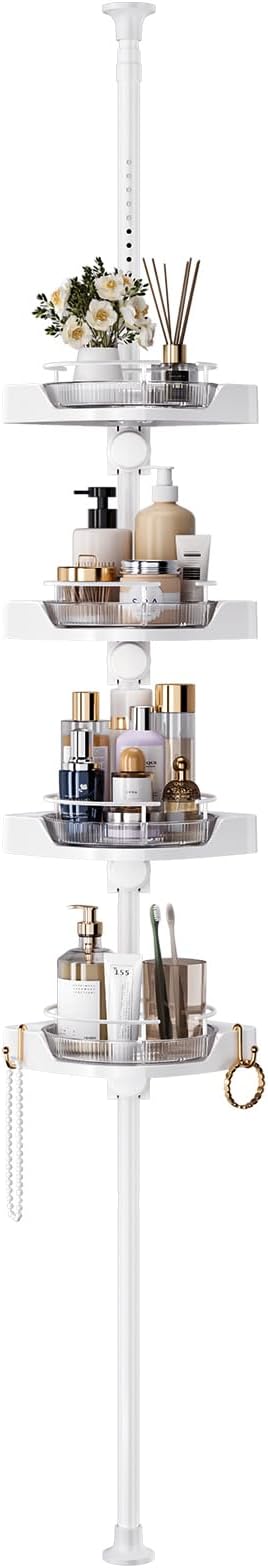 360° Rotating Shower Caddy Tension Pole, 4 Tiers Corner Shower Organizer for Bathroom Shelf Bathtub, Adjustable Standing Shower Rack Bathroom Accessories, Easily Assemble, 34-124 Inch Height, White